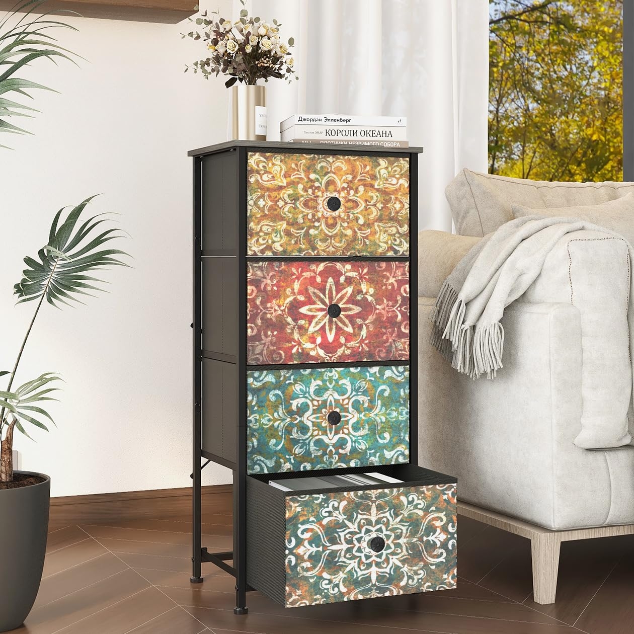 Narrow Storage Tower Multicolor Mandala Print 4 Tier Dresser
