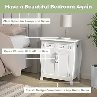 Nightstand Cabinet Curved Side Panels Double Doors White Finish