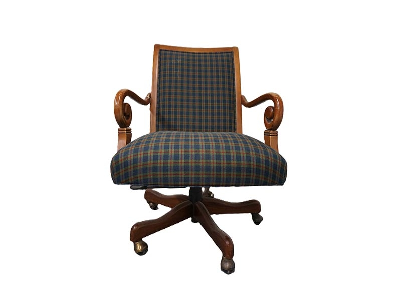 Office Chair Scroll Arms Plaid with Brass Casters