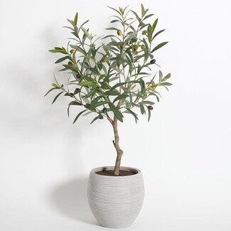Olive Topiary Tree: Ribbed Grey Planter & Lifelike Fruit