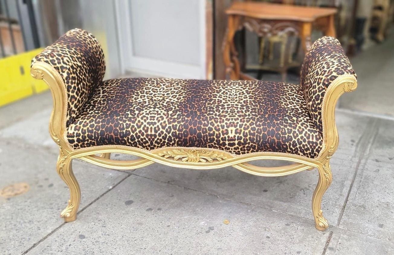 Ottoman Bench Gold Leaf Finish Rococo Animal Print