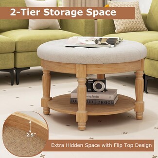 Ottoman Coffee Table Round: Round Storage Ottoman with Bottom Shelf