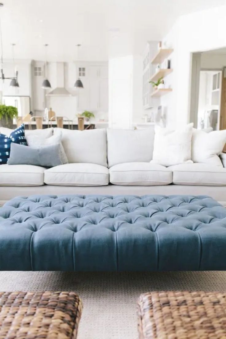 Ottoman with Button Tufting: Blue Fabric Ottoman Ideas