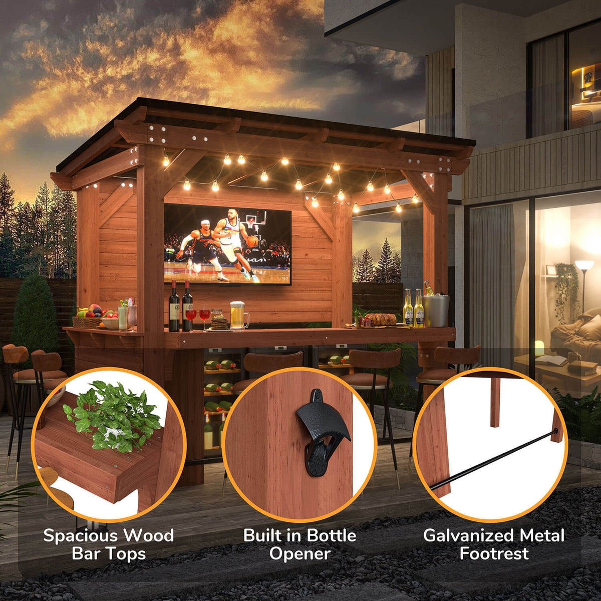 Outdoor Bar Gazebo with Built-in Bottle Opener and Footrest