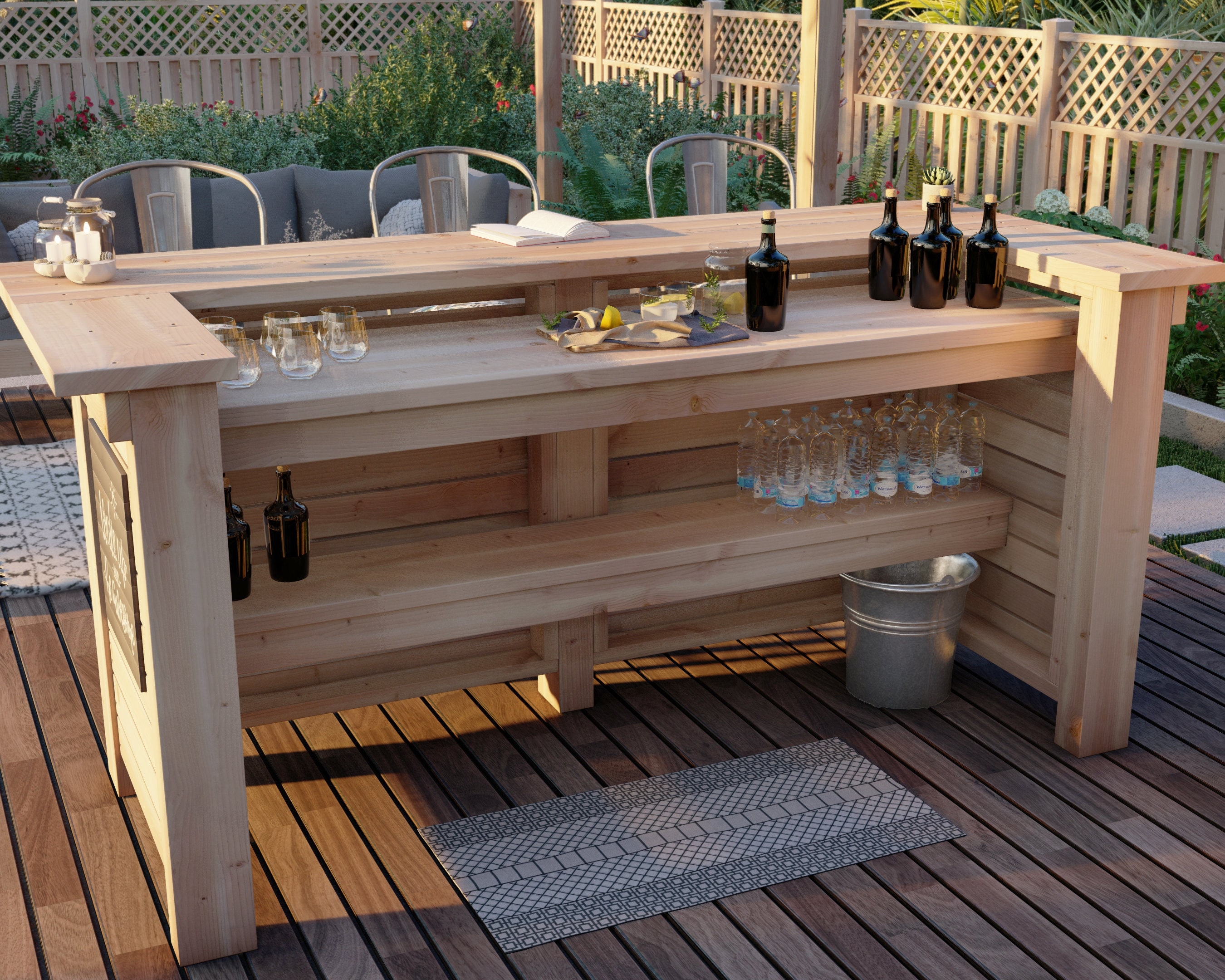Outdoor Bar in U-Shaped Wood with Tiered Garden Design
