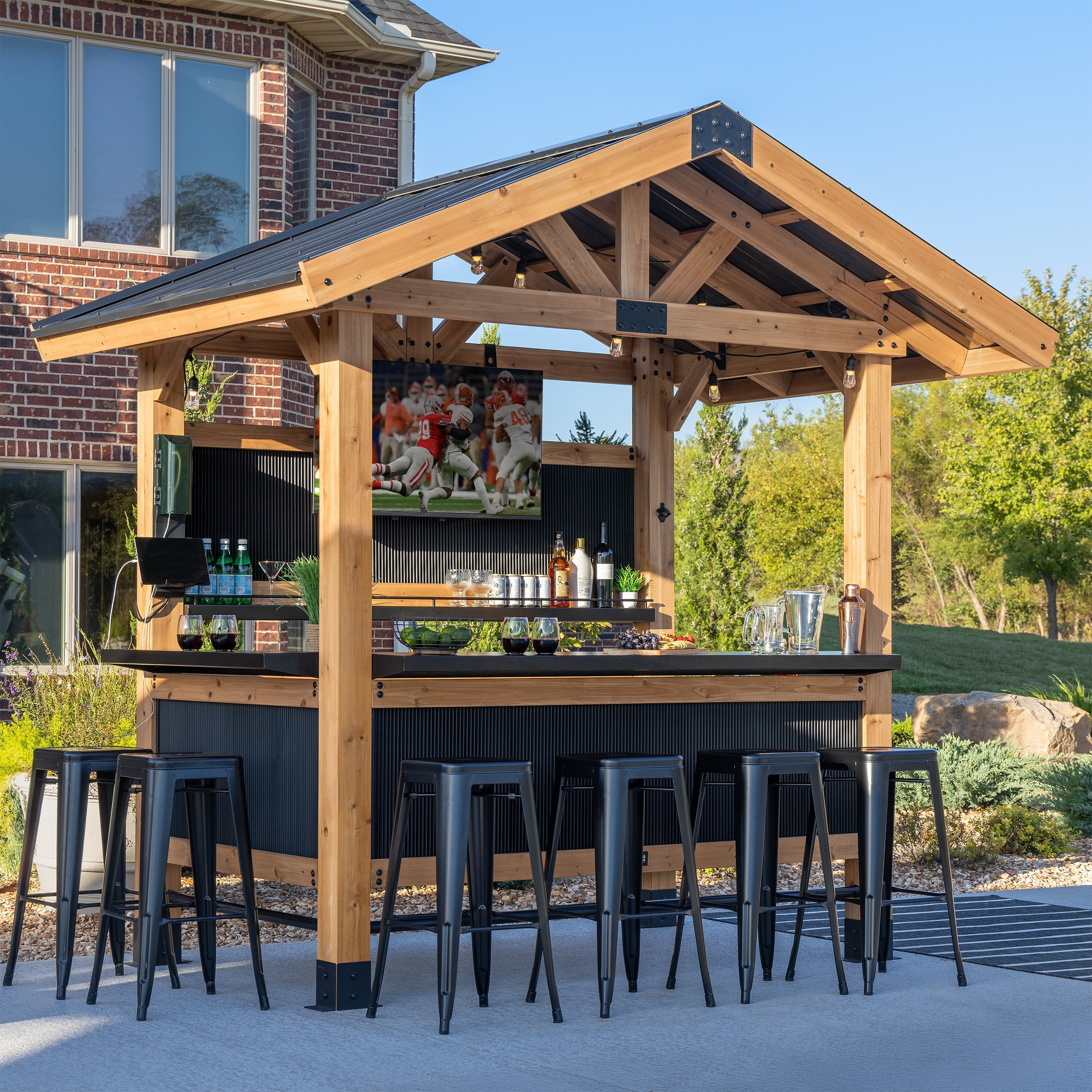 Outdoor Bar Pavilion with Gabled Roof and Cedar Frame