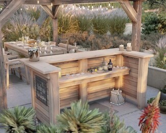 Outdoor Bar with Slat Paneling and Tiered Serving Station