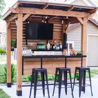 Outdoor Bar with TV Mount and Cedar Wood String Lights