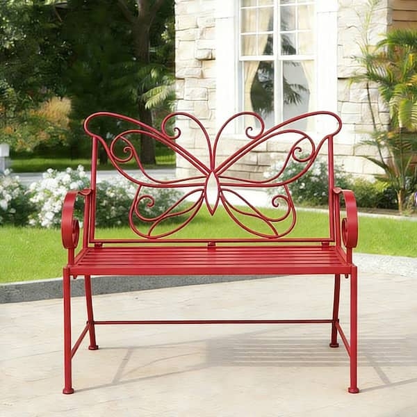 Outdoor Bench: Vibrant Red Metal with Scrolled Arms