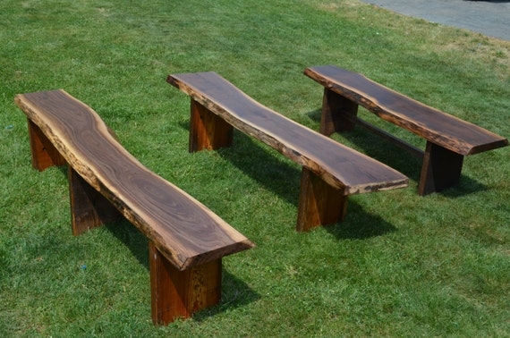 Outdoor Bench with Dark Walnut Wood Finish and Slab Legs