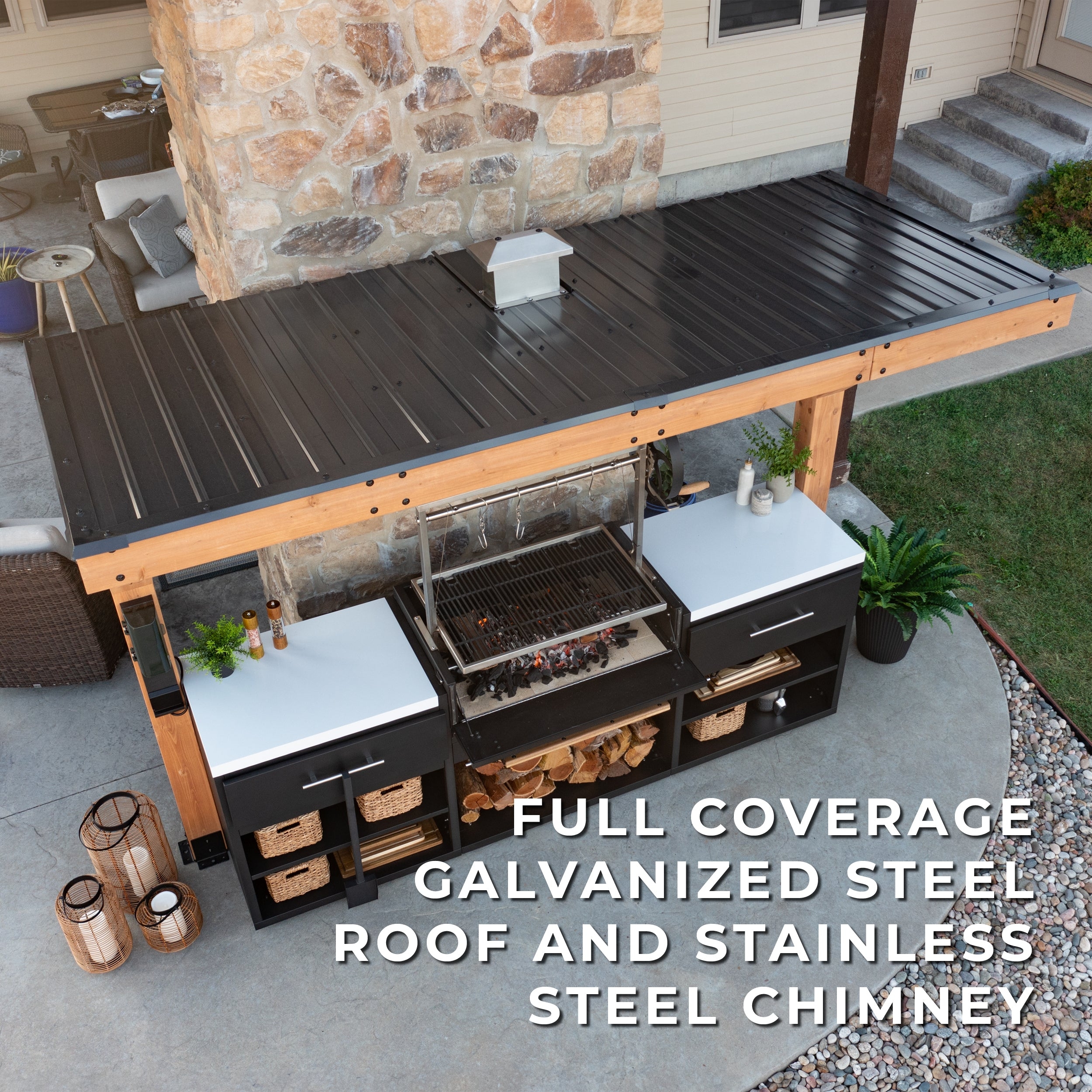 Outdoor Cook Station Argentine Grill Corrugated Roof
