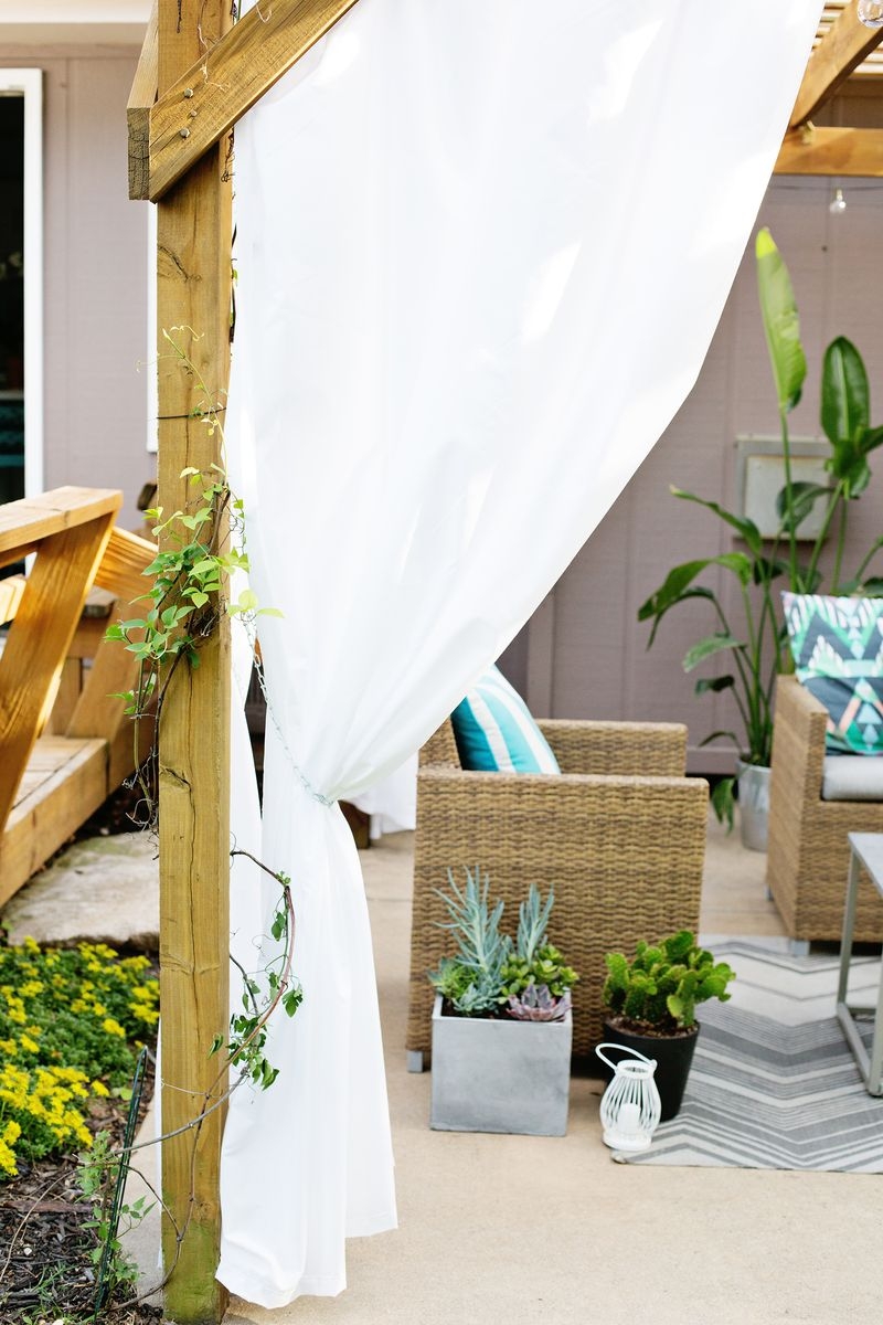 Outdoor Curtains Gathered White Drapery Wood Pergola