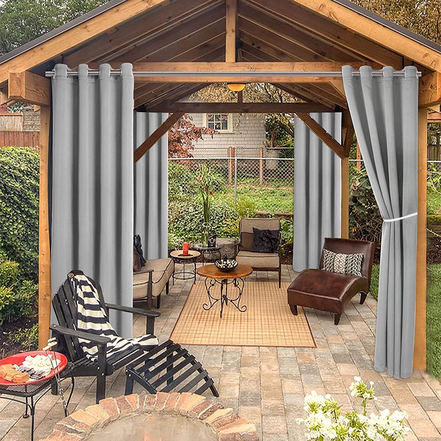 Outdoor Curtains Waterproof Grey Grommet Top Patio Drapes