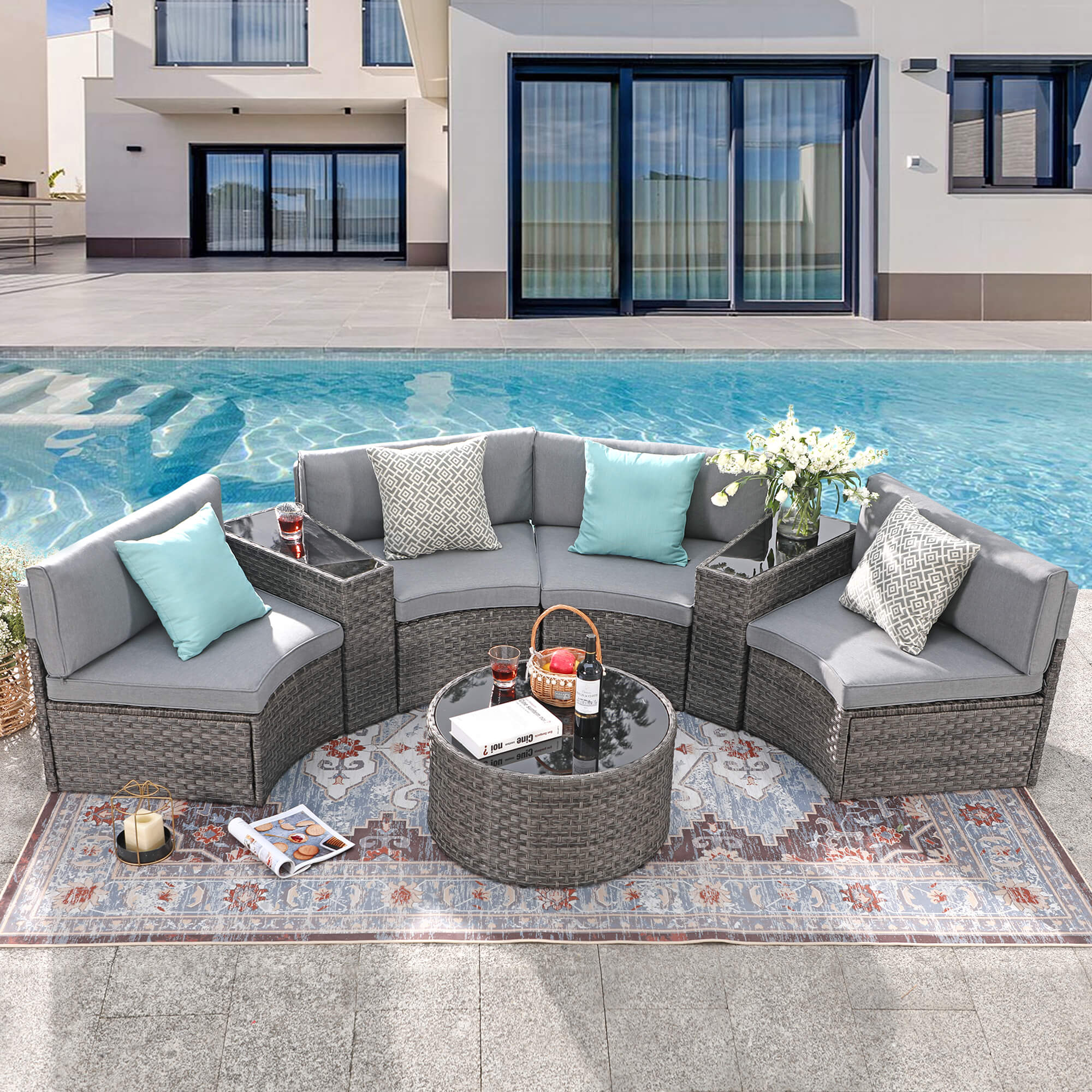 Outdoor Curved Sectional featuring Wedge Side Tables in Grey