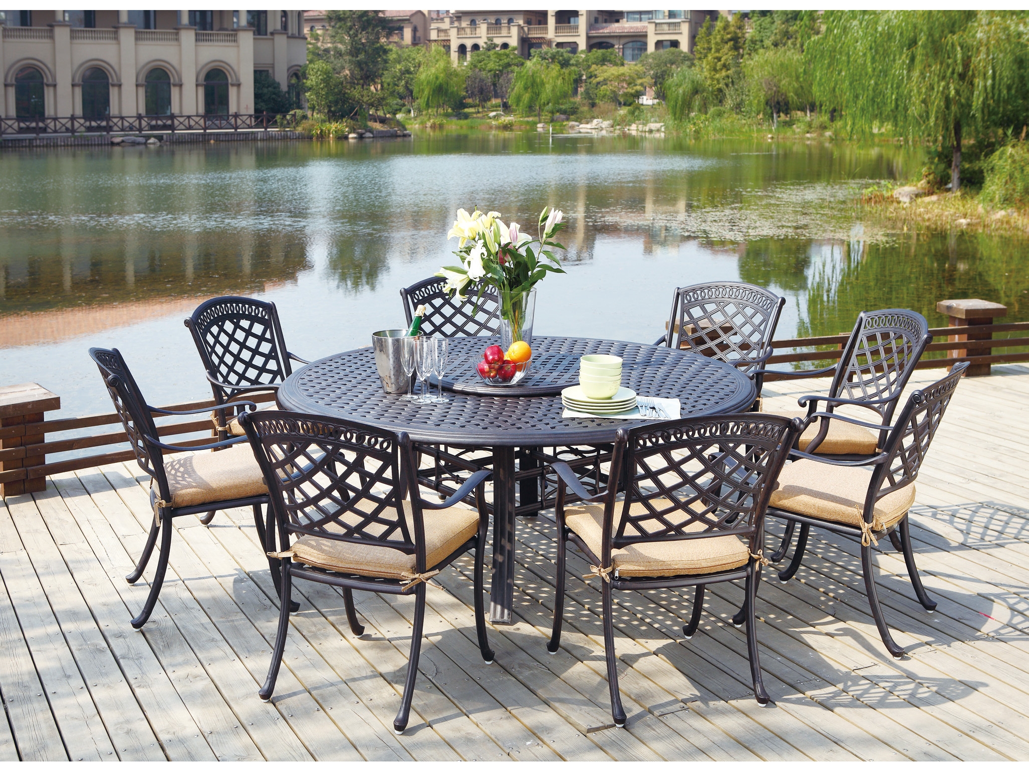 Outdoor Dining Set Featuring Lattice Back and Cast Aluminum Set