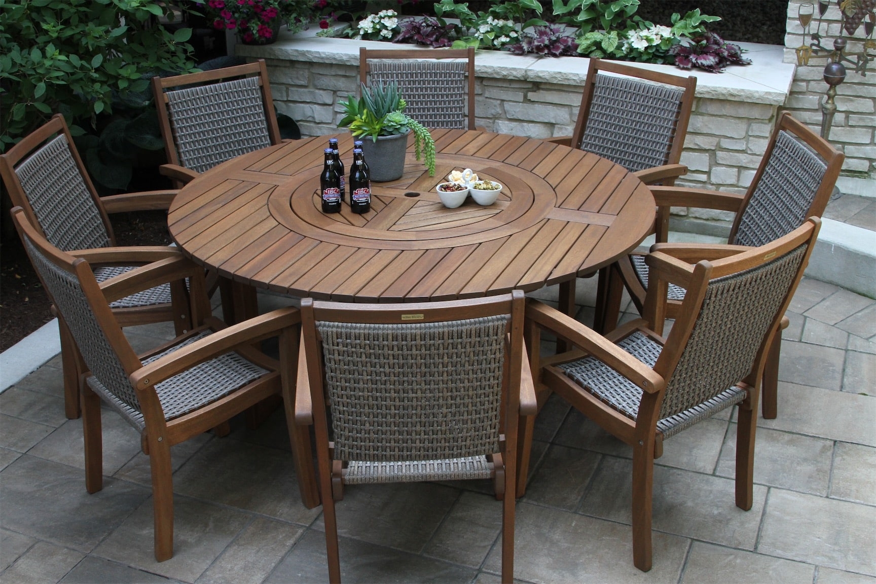 Outdoor Dining Set with Woven Inserts and Round Lazy Susan Table