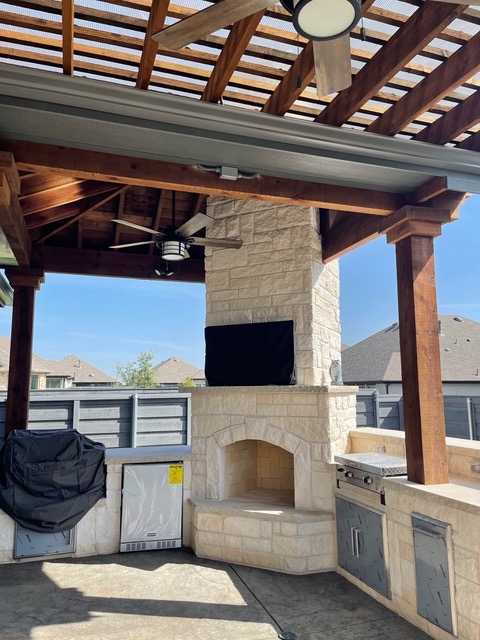 Outdoor Fireplace Arched Stone Hearth and Timber Frame Pergola