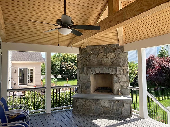Outdoor Fireplace Design with Vaulted Wood Ceiling and Bench