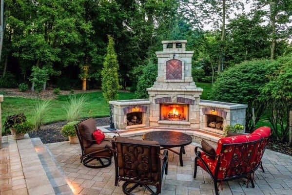 Outdoor Fireplace Masonry Hearth and Herringbone Brick Inlay