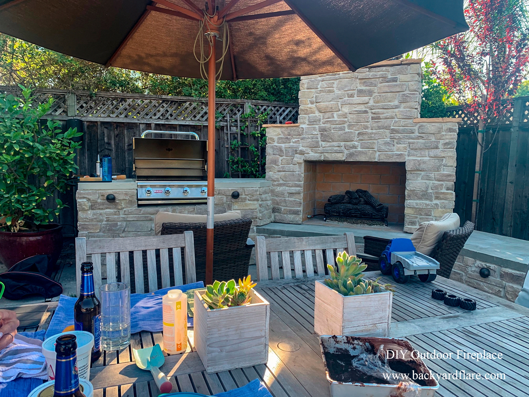 Outdoor Fireplace Stacked Stone with Integrated Cooking Station