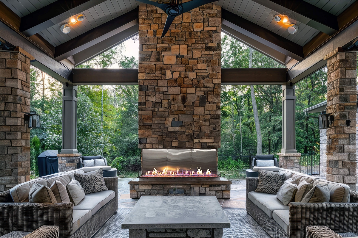 Outdoor Fireplace with Linear Gas Fire and Vaulted Ceiling