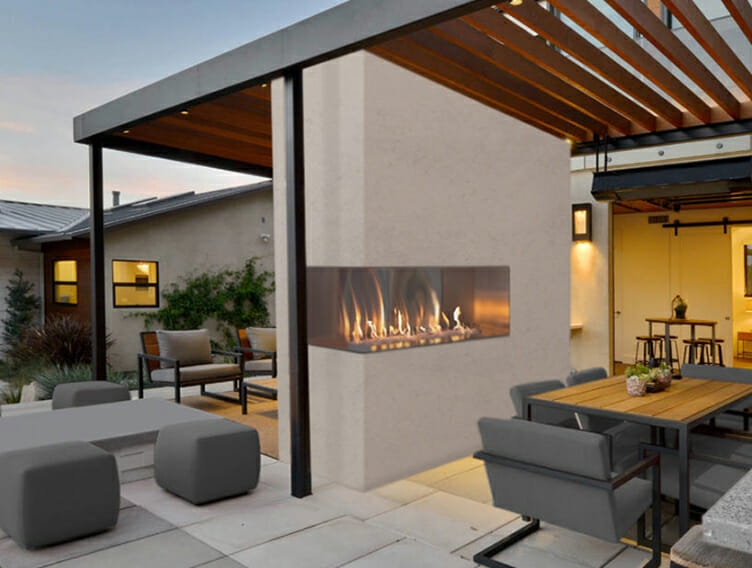 Outdoor Gas Fireplace with Corner Glass and Slatted Wood