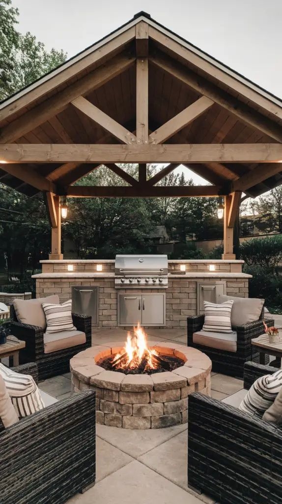 Outdoor Kitchen Gabled Roof Integrated Fire Pit Area