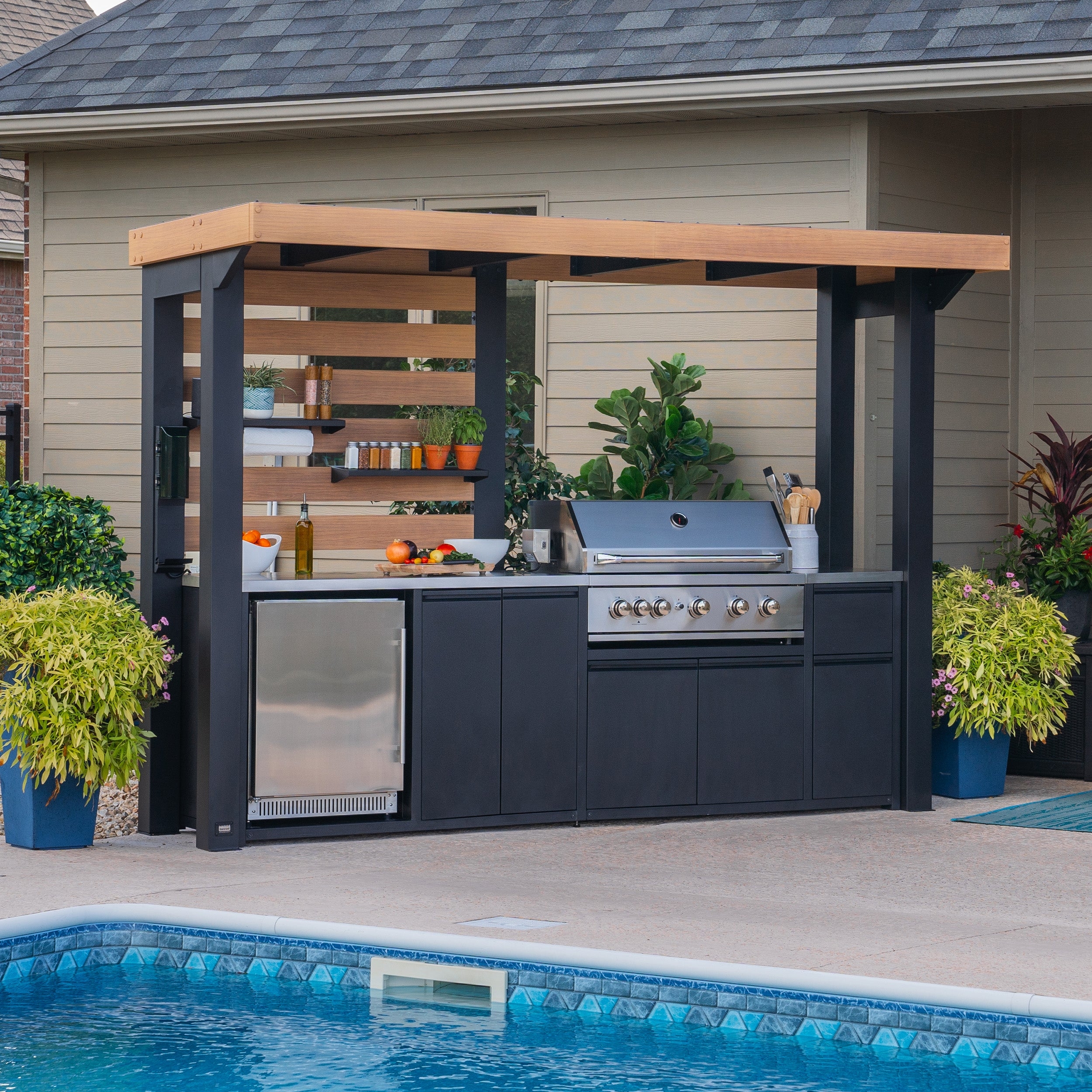 Outdoor Kitchen Matte Black Slat Wall Backboard Suite