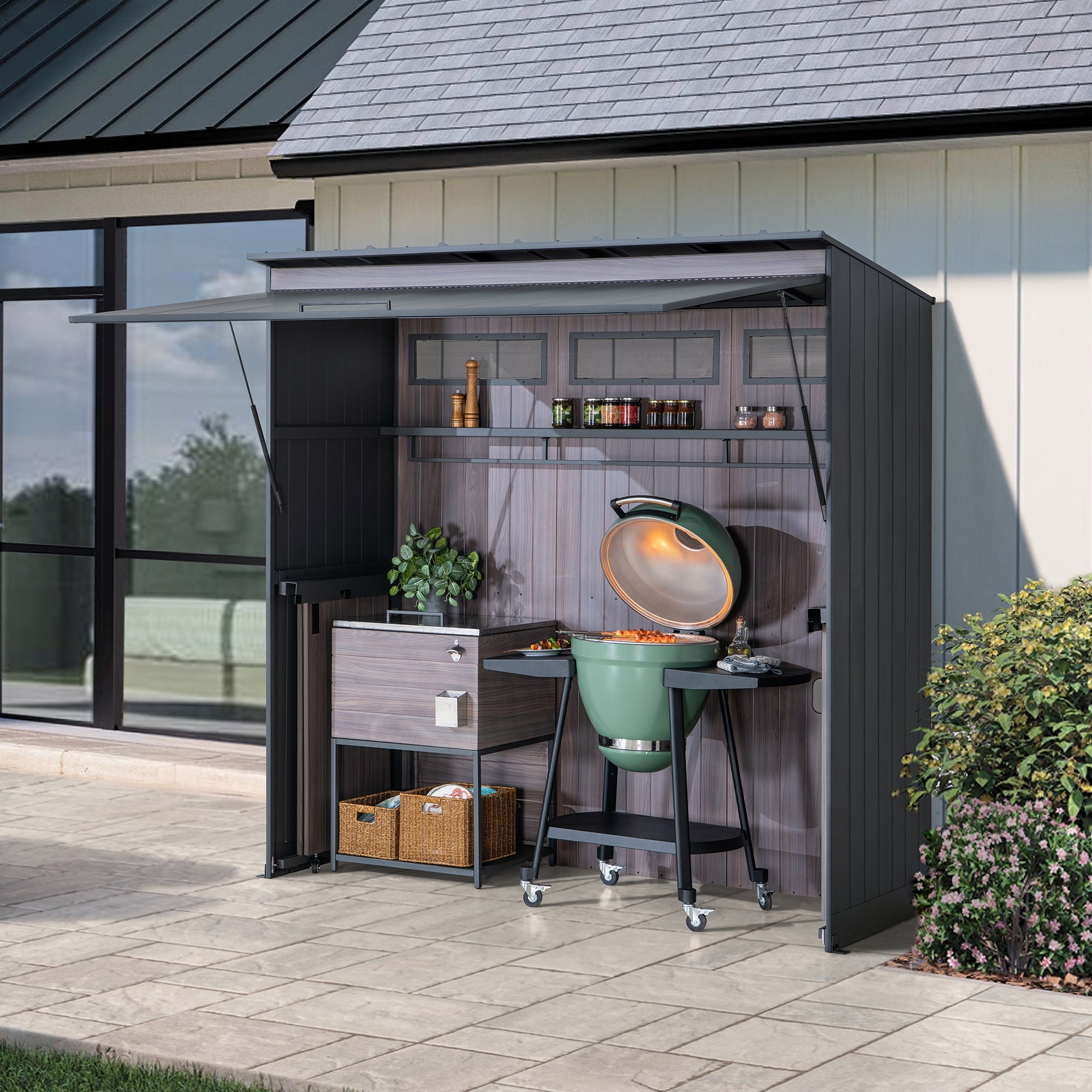 Outdoor Kitchen Station Lift Up Canopy Wood Grain