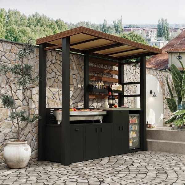 Outdoor Kitchen Station Matte Black Integrated Fridge