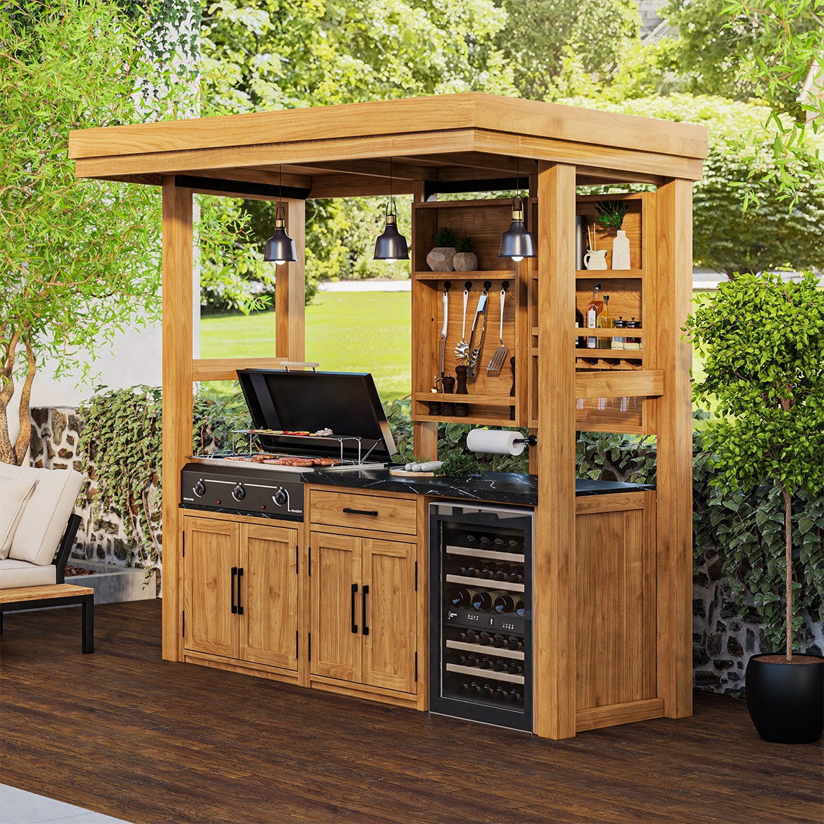 Outdoor Kitchen with Integrated Pergola and Wine Fridge