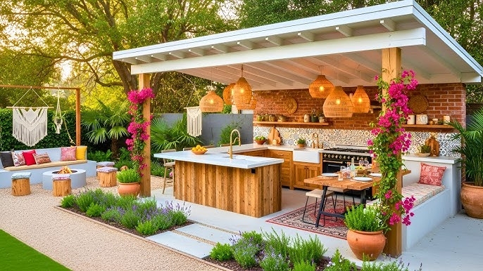 Outdoor Kitchen Woven Rattan Pendants Boho Chic Design