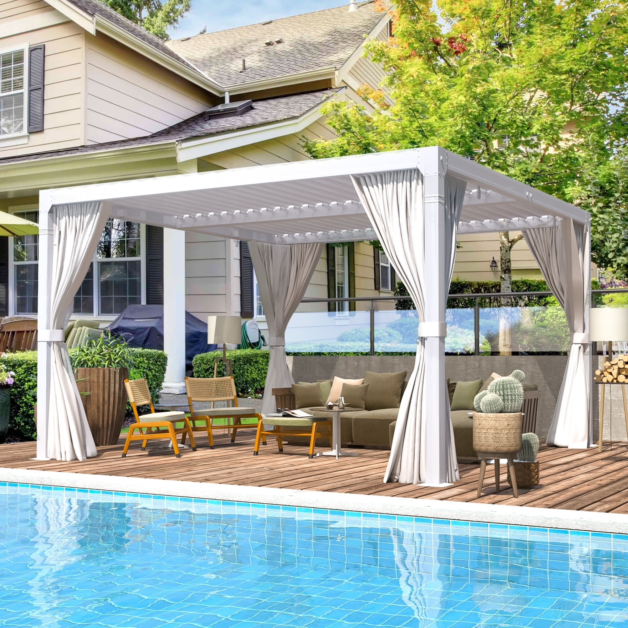 Outdoor Pergola Adjustable Louvered Roof White Finish