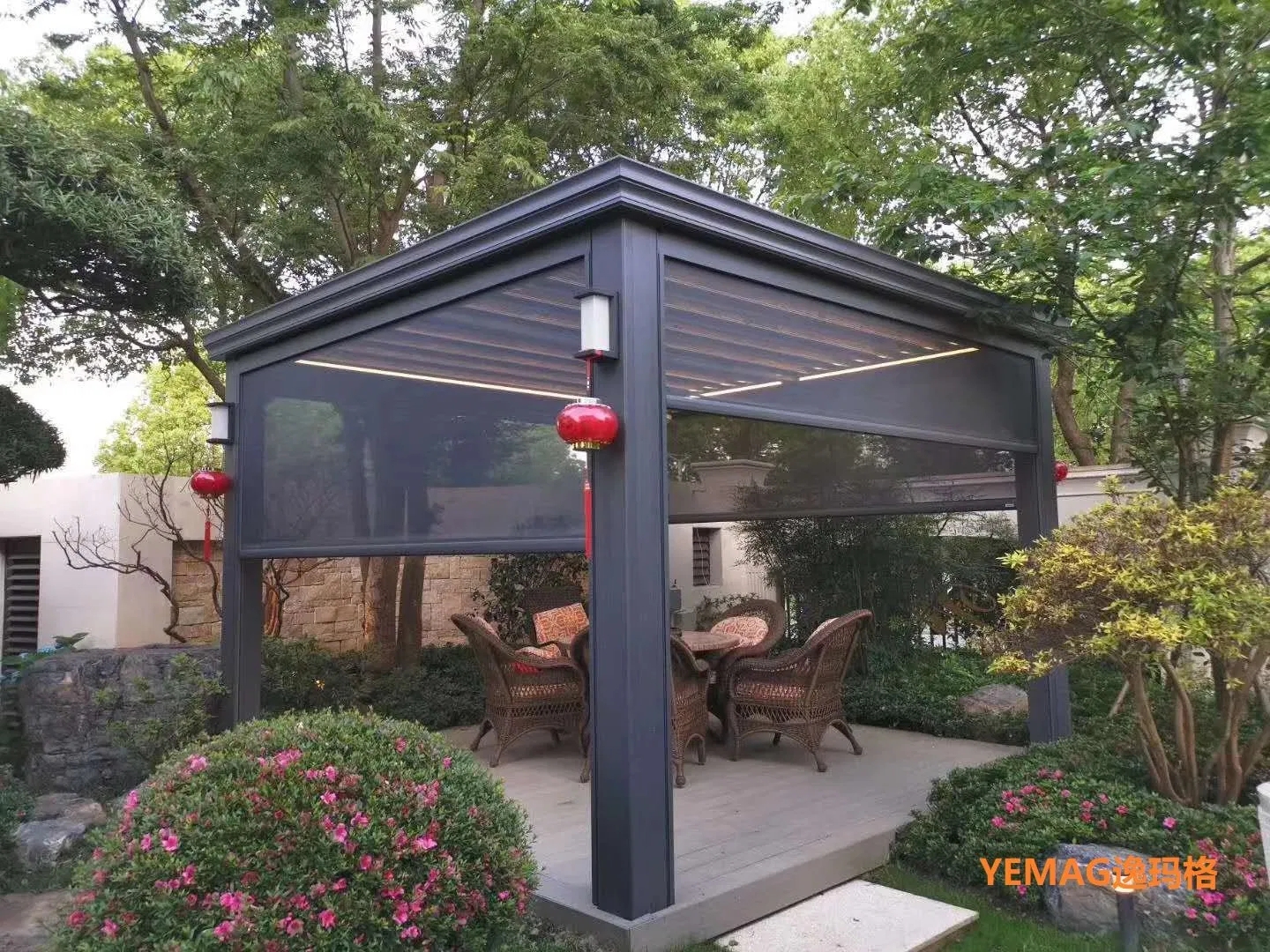 Outdoor Pergola Charcoal Grey Retractable Mesh LED Strips