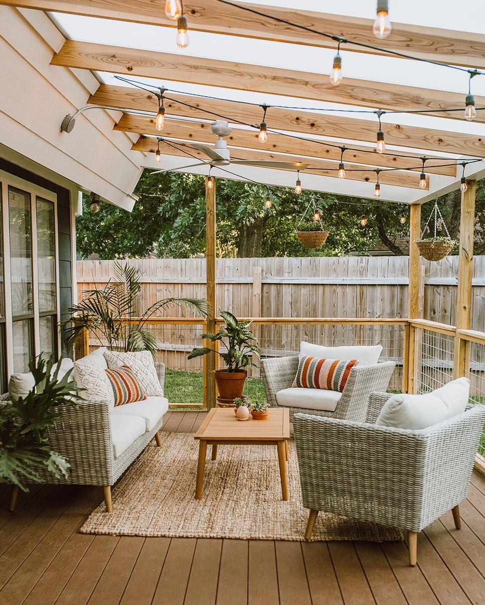 Outdoor Seating Set With Woven Texture Under Pergola