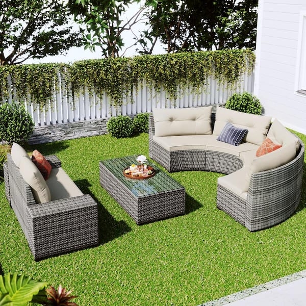 Outdoor Sectional Set with Charcoal Wicker and Tufted Beige