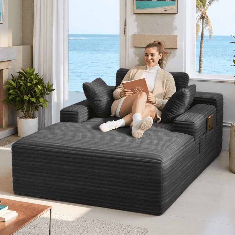 Oversized Chaise Lounge: Charcoal Side Storage Pocket Seat