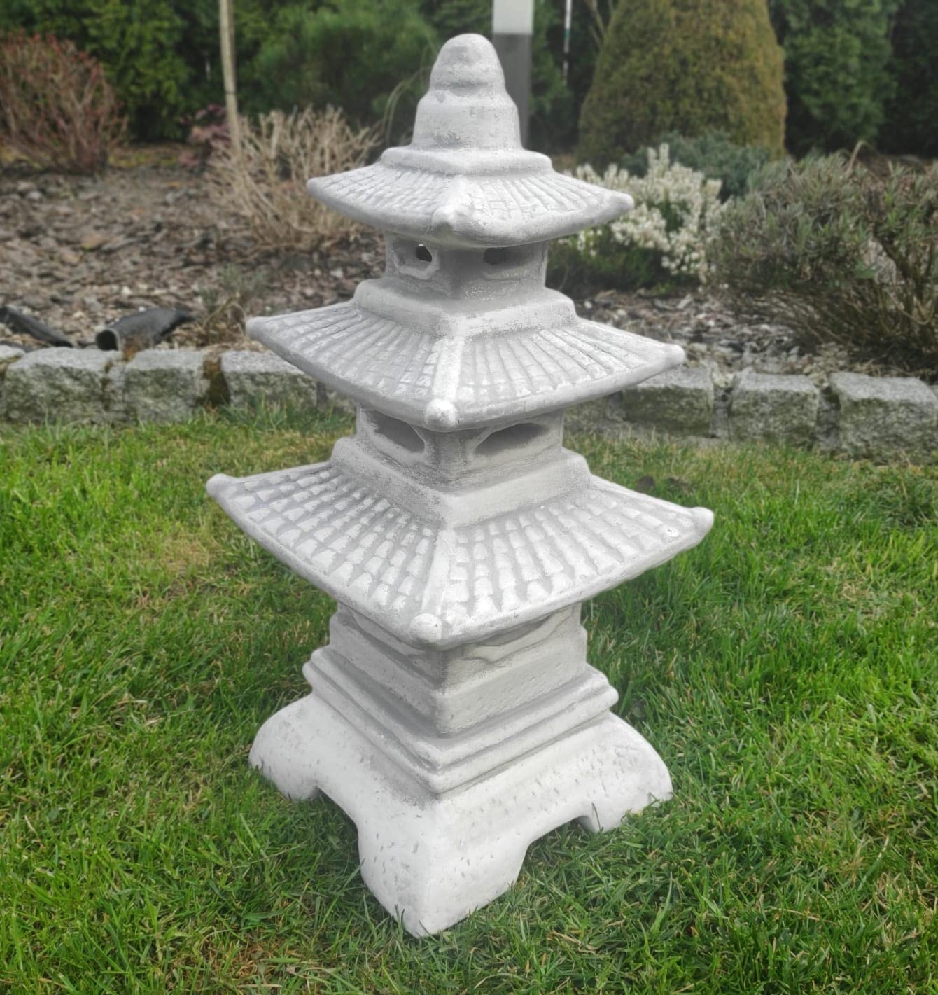 Pagoda Statue Three Tiered Roof Grey Resin Ornament