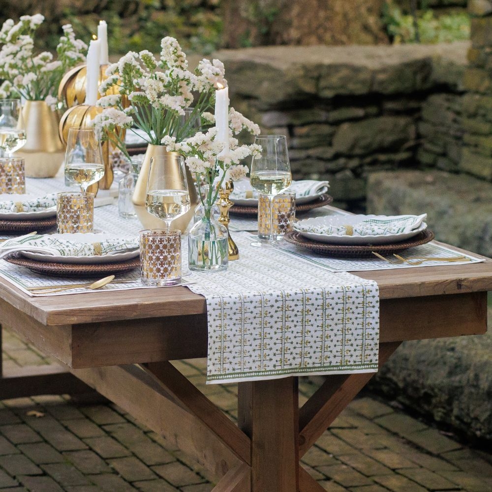 Palm Table Runner: Hunter Green Block Print Style
