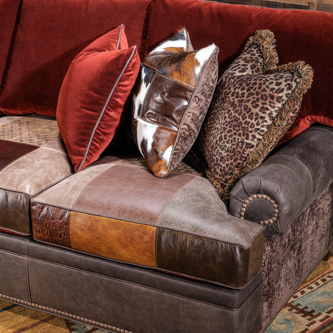 Patchwork Sofa with Burgundy Velvet Back and Animal Prints