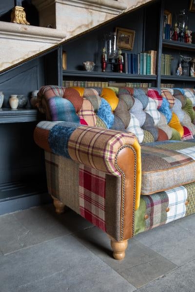Patchwork Sofa with Scroll Arms and Traditional Plaid Panels