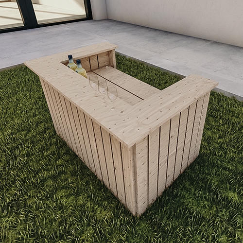 Patio Bar in L-Shaped Blonde Wood with Vertical Slats