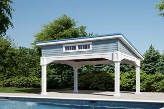 Pavilion: Blue Siding Clerestory Window Poolside Shade