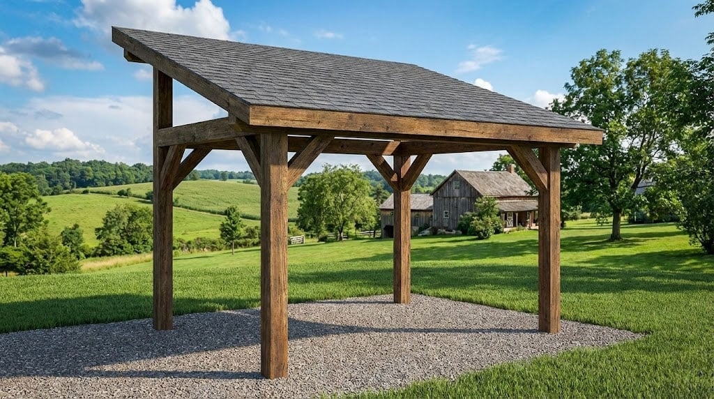 Pavilion: Gravel Base Walnut Timber Frame DIY Plans