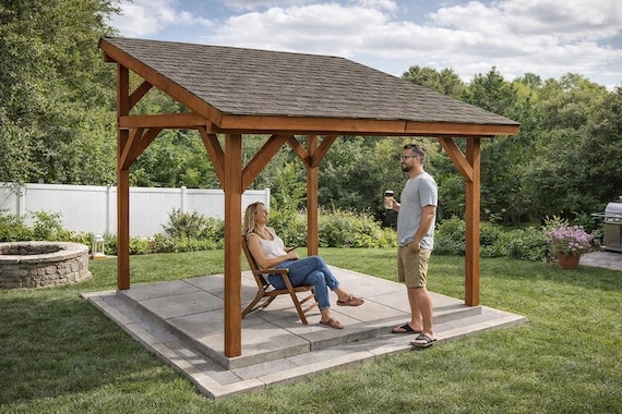 Pavilion: Stone Base Timber Frame Slanted Roof Cover