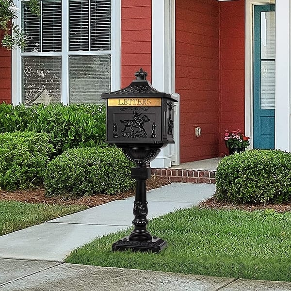 Pedestal Mailbox Gold Letter Plate Ornate Black Post