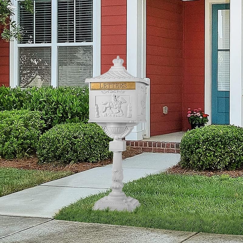Pedestal Mailbox Matte White Horse Relief Victorian