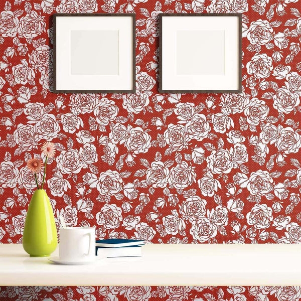 Peel And Stick Wallpaper Rose Line Art Terracotta Red Wall