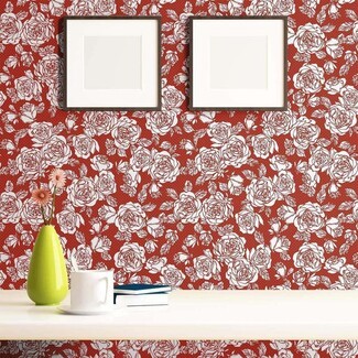 Peel And Stick Wallpaper Rose Line Art Terracotta Red Wall