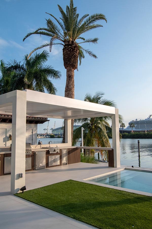 Pergola Outdoor Kitchen Louvered Roof Coastal Style